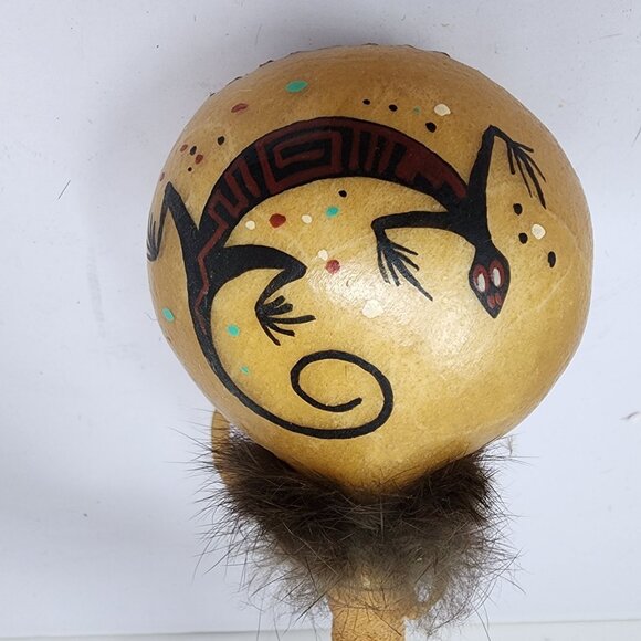 Native American Rawhide Leather Rattle Hand Painted Salamander Design Art - Picture 4 of 5